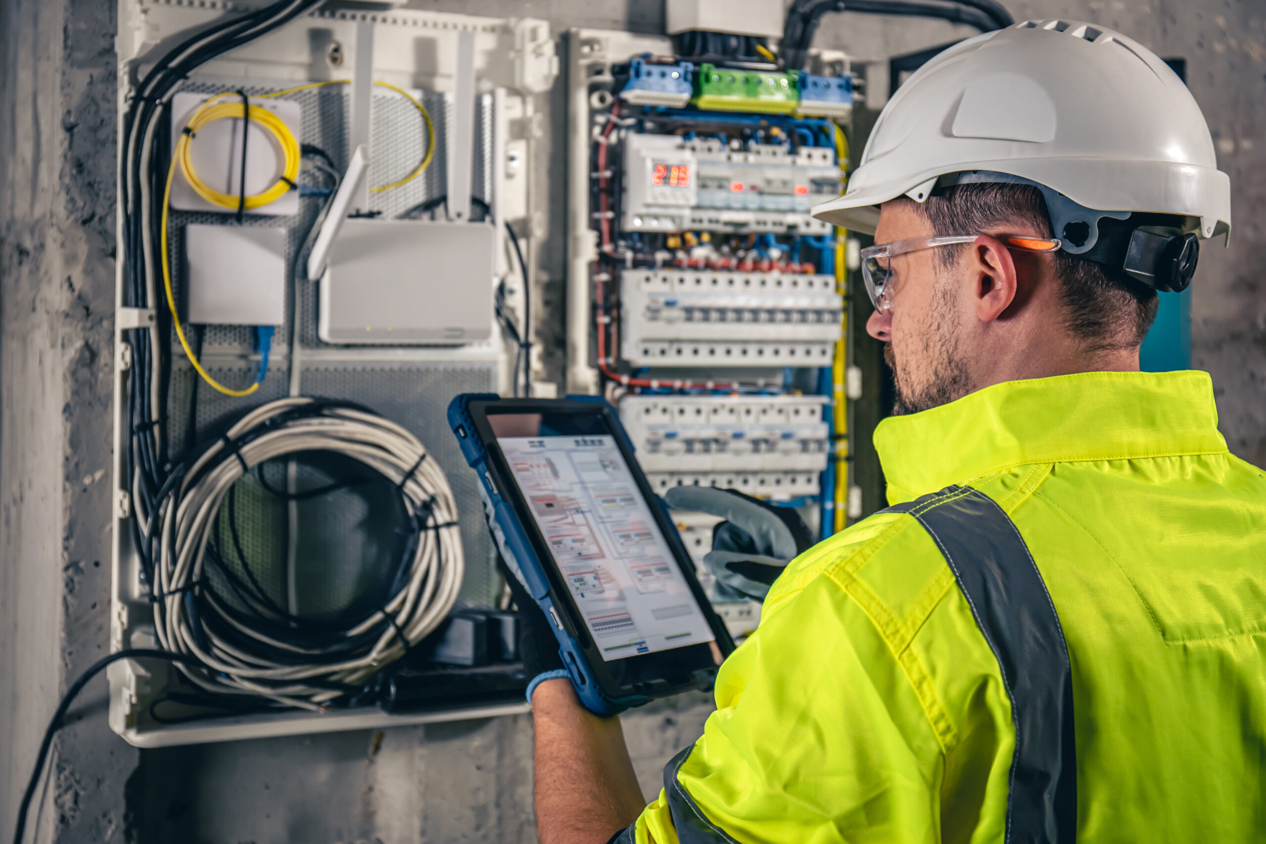 Man, an electrical technician working in a switchboard with fuses. Installation and connection of electrical equipment. Professional uses a tablet.
